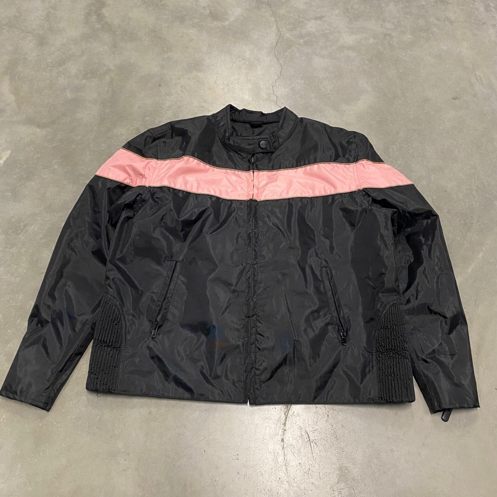 Unbranded Nylon Racing Windbreaker Jacket Black Pink Stripe XL Mock Neck Moto